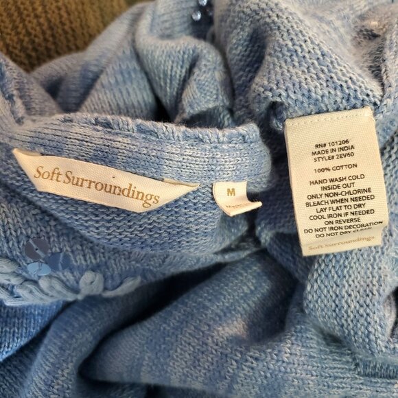 Soft Surroundings Blue Embroidered Floral Cotton Knit Sweater V-Neck Size Med - Picture 11 of 12